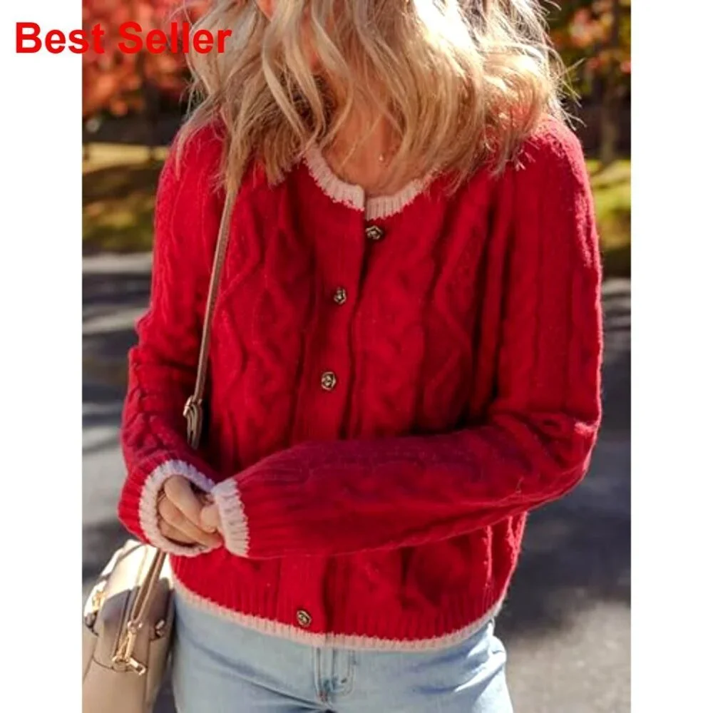 Long Sleeve Cable Knit Cardigan Button Front Round Neck Sweater Women's